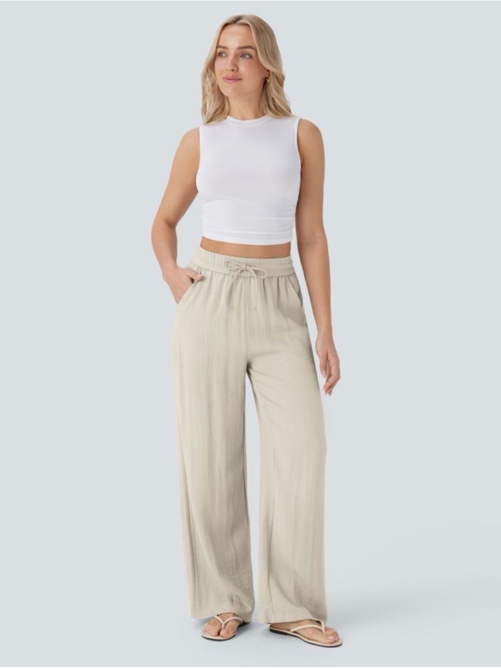 Halara High Waisted Drawstring Pocket Wide Leg Baggy Casual Linen-Feel Pants